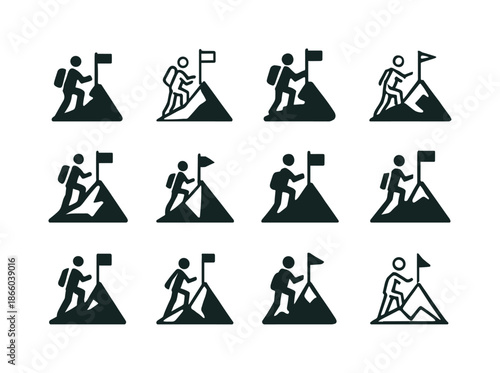 Mountain Hiking Icons. Hiking up a mountain. Icon set. Set Logo of hiking up a mountain: summit flag on ridge. harmonious logo variations of the same