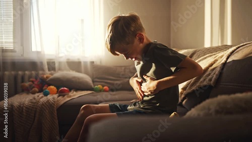 A young boy cozy living room sofa, holding his stomach pained expression. Warm sunlight filters window soft shadows. room toys scattered blankets. Cinematic close-ups slow pan discomfort vulnerability