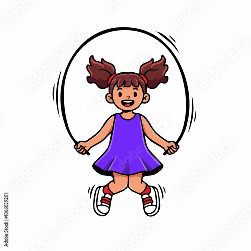 Happy little girl skipping rope cartoon illustration.