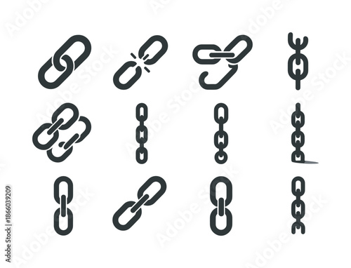 Metal Chain Icons. Metal chains. Solid icon set of metal chains: chain link, broken chain, connected links, heavy duty chain, looped chain, hanging chain,