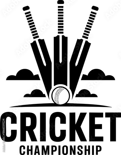 Cricket Championship Logo with Bats and Ball in Monochrome