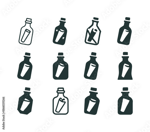 Bottle Message Logos. Message in bottle. Icon set. Set Logo of message in bottle: glass glint shine. harmonious logo variations of the same emblematic concept,