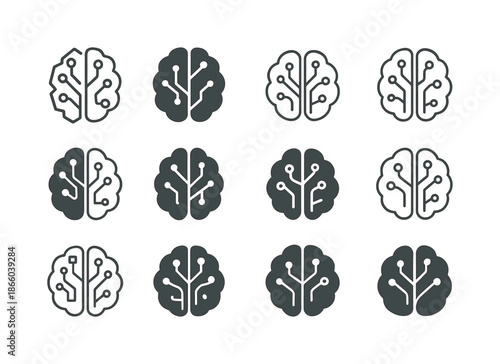 Knowledge Logo Variations. Knowledge. Icon set. Set Logo of knowledge: brain with circuits. harmonious logo variations of the same emblematic concept, each