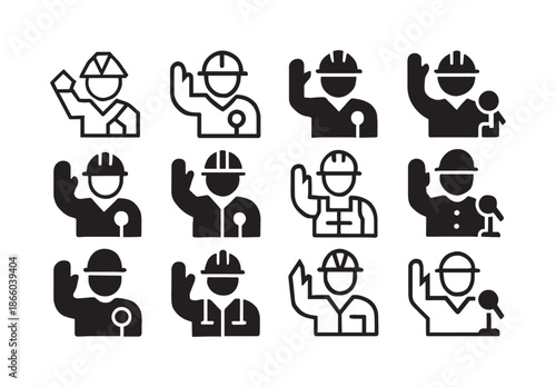 Workers Emblematic Icons. Workers Speaking to the Press. Icon set. Set Logo of Workers Speaking to the Press: worker raising hand to speak. harmonious logo
