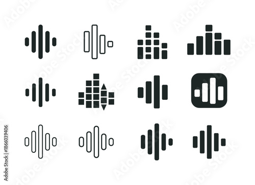 Music Logo Variations. song. Icon set. Set Logo of song: music equalizer bars. harmonious logo variations of the same emblematic concept, each with different