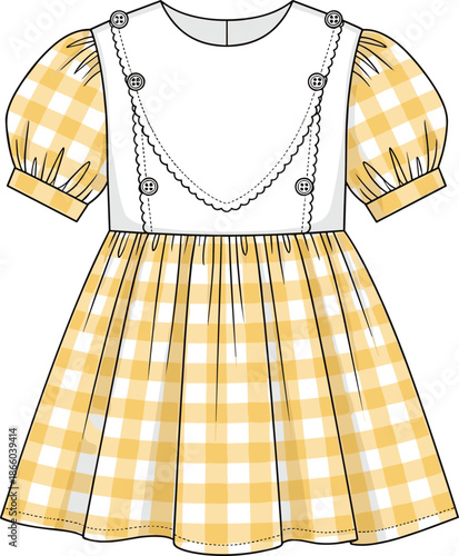 Children’s dress with white bodice and yellow gingham skirt, puffed sleeves, button accents, vintage-inspired fashion illustration, transparent background