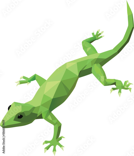 a vibrant low poly green lizard with detailed geometric shapes and a long