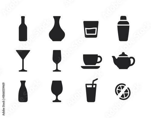 Luxury Beverage Icons. Luxury beverages. Solid icon set of luxury beverages: wine bottle, decanter, whiskey glass, cocktail shaker, martini glass, champagne