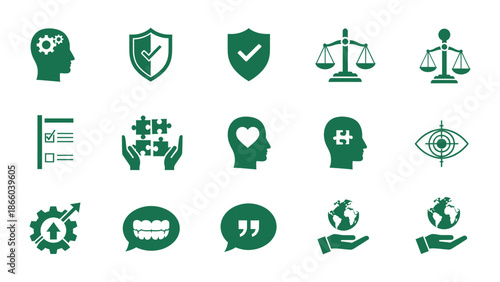 Collection of business ethics, corporate values, and personal attribute icons