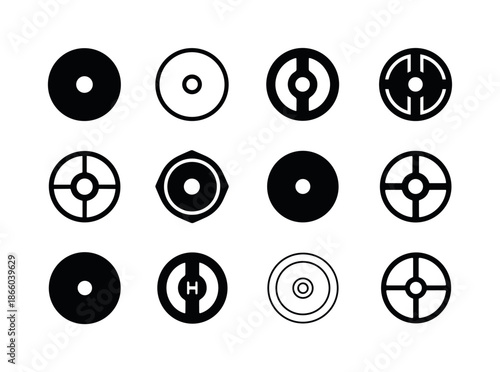 Barbell Plate Logos. Mass. Icon set. Set Logo of mass: barbell plate. harmonious logo variations of the same emblematic concept, each with different artistic