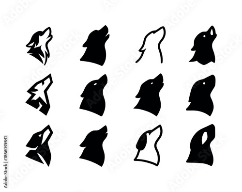 Howling Dog Logo Variations. Dog. Icon set. Set Logo of Dog: side profile of a dog howling upward. harmonious logo variations of the same emblematic concept,