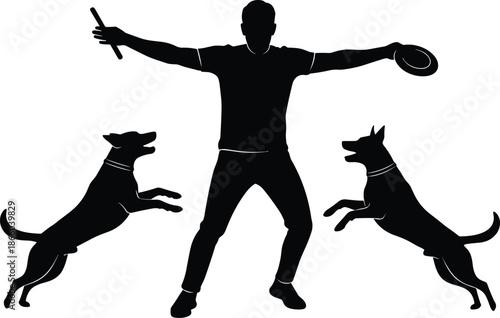 Dog training silhouette scene, professional handler with two dogs, obedience exercise concept, animal behavior control, canine training illustration, black shadow figures, pet lifestyle design
