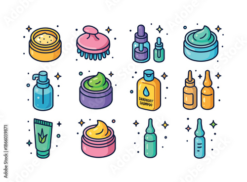 Colorful Scalp Care Icons. Scalp care. Colorful isometric vector icons set of scalp care: scalp scrub, exfoliating brush, scalp serum, soothing gel, cooling