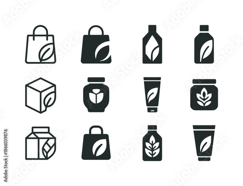 Eco-Friendly Logo Designs. Design with ecology materials trend. Icon set. Set Logo of design with ecology materials trend: leaf-integrated product shape.
