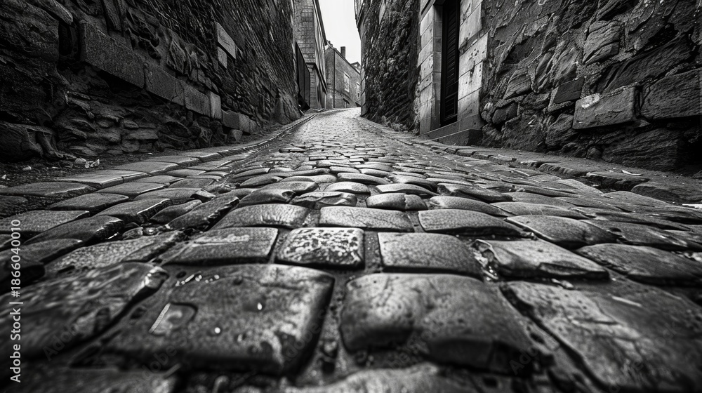 Fototapeta premium The timeless beauty of the cobblestone street is captured in the simplicity of black and white. Black and white art