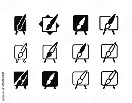Artistic Collaboration Icons. Artistic collaboration. Icon set. Set Logo of Artistic collaboration: shared brush and canvas. harmonious logo variations of the