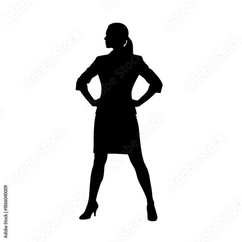 Silhouette of a confident business woman standing with hands on hips.