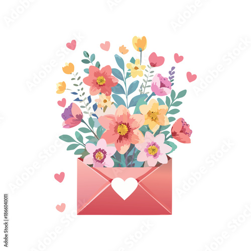 A floral pink valentine heart design featuring a bouquet of roses and butterflies creates a romantic spring illustration for a wedding card or holiday decoration