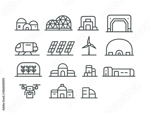 Martian Settlement Icons. Martian settlements. Line icon set of Martian settlements: small colony, habitat dome cluster, supply depot, armored gate, transport