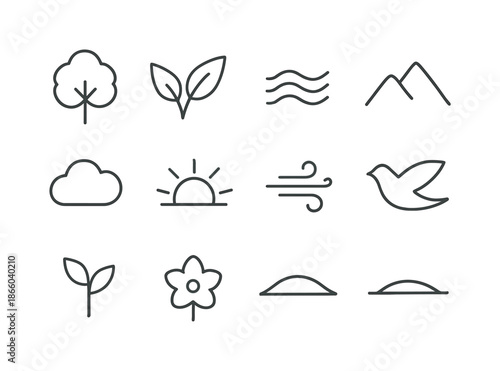Nature Icon Grid. Nature calmness. Line icon set of nature calmness: tree silhouette, leaf pair, gentle stream, mountain outline, soft cloud, rising sun,