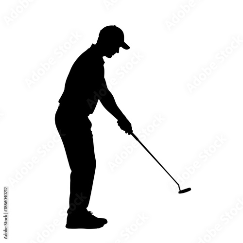 Silhouette of a golfer putting on the green with focus.