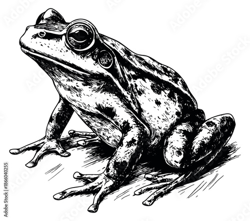 Hand drawn line art illustration of a frog depicting a detailed amphibian for nature and wildlife themes