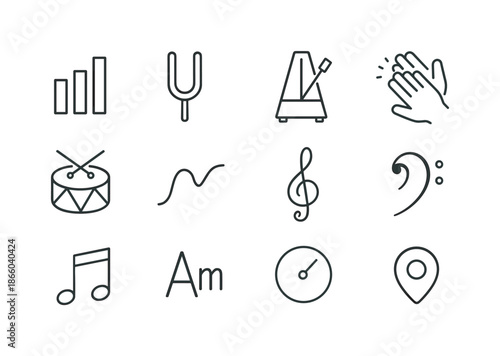 Musical Icon Set. Rhythm and melody. Line icon set of Rhythm and melody: rhythm bars, tuning fork, metronome, hand claps, drum beat, melody curve, treble clef,