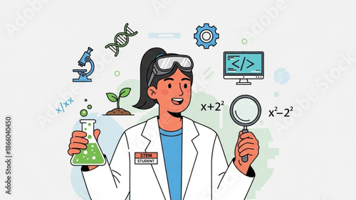 Female Scientist Examining Green Liquid in Laboratory with Coding Symbols and Microscope