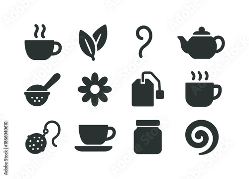 Relaxing Tea Icons. Relaxing tea icons. Solid icon set of relaxing tea icons: tea cup, herbal leaf, steam curl, teapot, strainer, chamomile icon, tea bag, warm