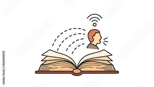 Man Reading Open Book with Wi-Fi Signal, Audiobook Concept, Isolated on White and Vector Illustration