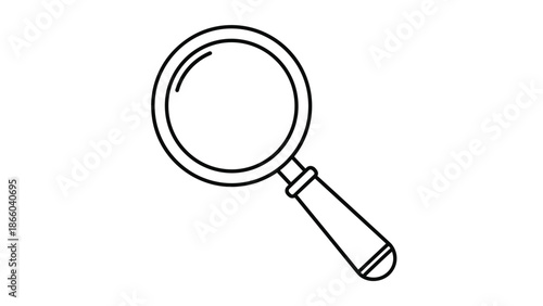 Simple black and white line art illustration of magnifying glass tool symbol for search discovery and optical zoom investigation purposes.