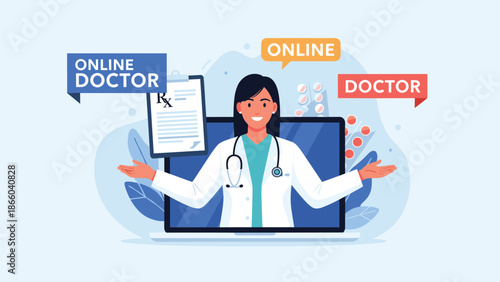 Professional female doctor appearing on a laptop screen offering remote online medical consultation and prescription services to patients.