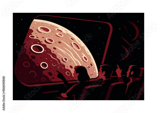 Spectacular Lunar Flyby. Lunar flyby. A spacecraft glides past the moon?s surface, passengers pointing at craters and glowing ridges as dust trails swirl