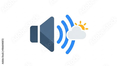 Speaker Emitting Sound Waves towards Cloud with Sun on White Background