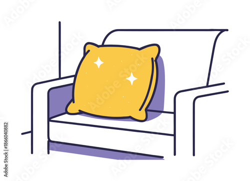 Sparkling Cushion Comfort. Comfort accent. A plump cushion leans casually against a sofa back; subtle sparkles suggest softness. Clean geometry surrounds the