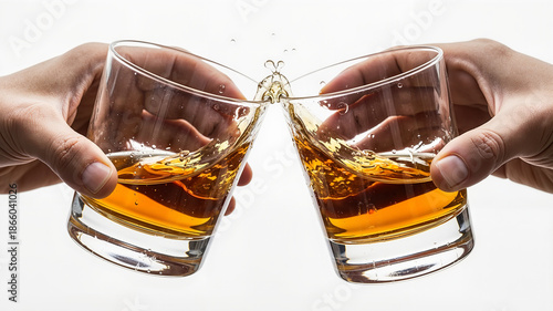 Two men toast whiskey with splashing liquid, holding glass. Celebration and party concept for alcoholic drink advertisement.