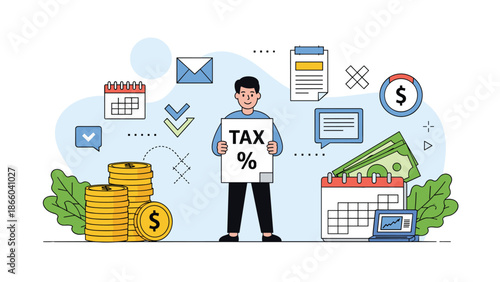 Businessman holding a sign showing tax percentage surrounded by various financial symbols like money coins calendar and laptop for accounting.