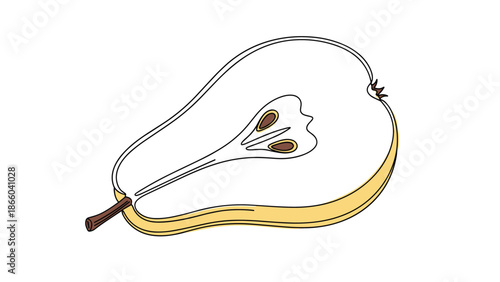 Simple line art drawing of a fresh pear fruit cut in half showing the inner seeds and core structure on white background.
