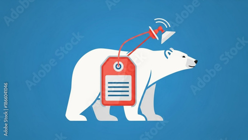 White Polar Bear with Red Tracking Device on Blue Background