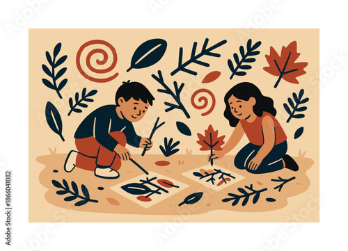 Children Crafting Nature. Nature crafting. Children collect leaves and twigs to make textured collages, earthy icons swirling softly in the scene. Creative