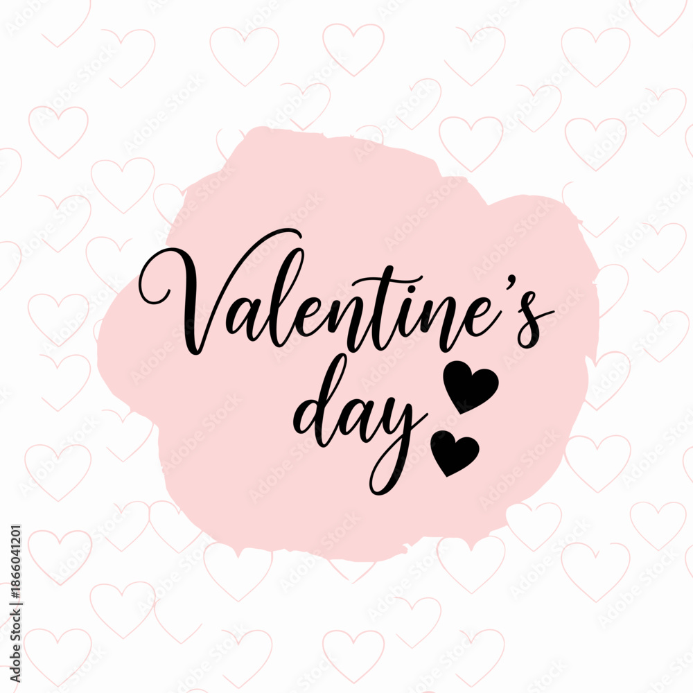 Fototapeta premium Valentine's Day text on a pink watercolor background with heart patterns.