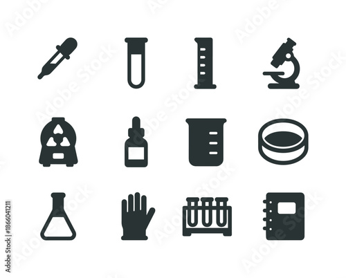 Lab Equipment Icons. Laboratory tools. Solid icon set of Laboratory tools: pipette, test tube, measuring cylinder, microscope, centrifuge, dropper bottle,