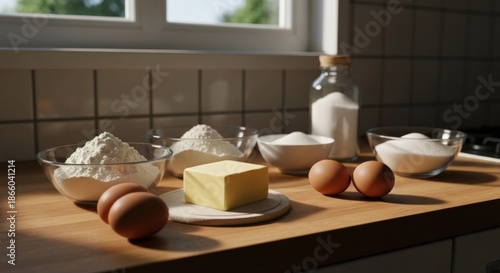 Wallpaper Mural Baking ingredients arranged on a wooden countertop near a window with sunlight Torontodigital.ca