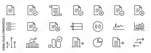 Document and file icons set with various operations like editing checking information and transfer symbols