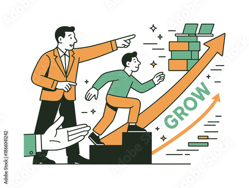 Mentor-Guided Success. Leadership and mentoring. A mentor figure points toward a rising arrow made of stacked folders and laptops while a junior colleague