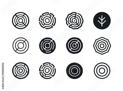 Trunk Logo Variations. Trunk. Icon set. Set Logo of Trunk: log section. harmonious logo variations of the same emblematic concept, each with different artistic