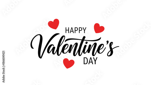 Happy Valentine's Day calligraphic text with red hearts on a white background, celebrating love and romance.