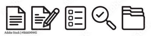 Professional office task icons depicting document writing checklist verification magnifying glass and file folders