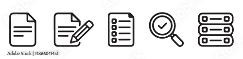 Modern data management icon set featuring document editing checklist verification and network server storage units