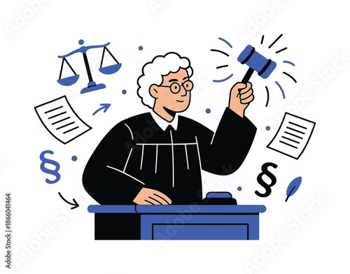 Decisive Courtroom Moment. Judge in robes delivering verdict. A judge raises a gavel as papers and law symbols float around, capturing the weight of a decisive